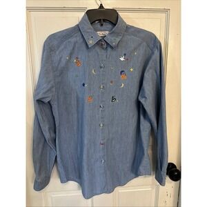Talbots Halloween Pumpkin‎ Embroidered Long Sleeve Chambray Size Small Buttons